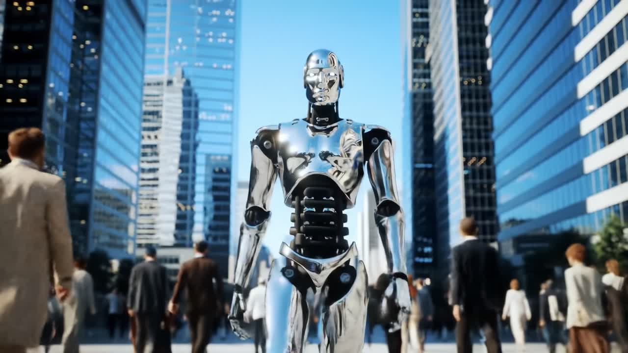 A shiny humanoid robot stands prominently on a bustling urban street, surrounded by people in business attire walking past. The city features tall glass buildings that reflect sunlight, creating an energetic atmosphere. Individuals commute to work, engaged in their daily routines, seemingly unaware 