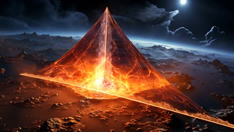 majestic pyramid emanating lava on a distant alien landscape at night
