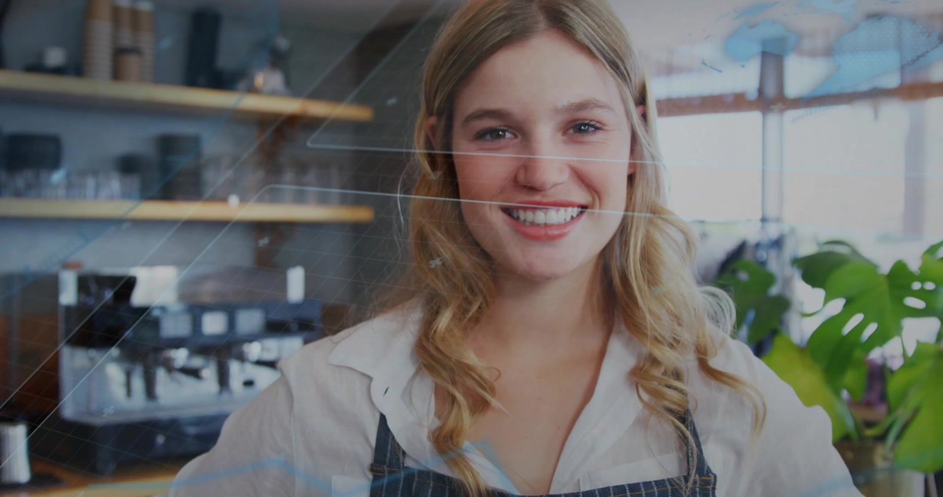 Camera panning upward with digital lines flowing around barista welcoming customers at cafe counter