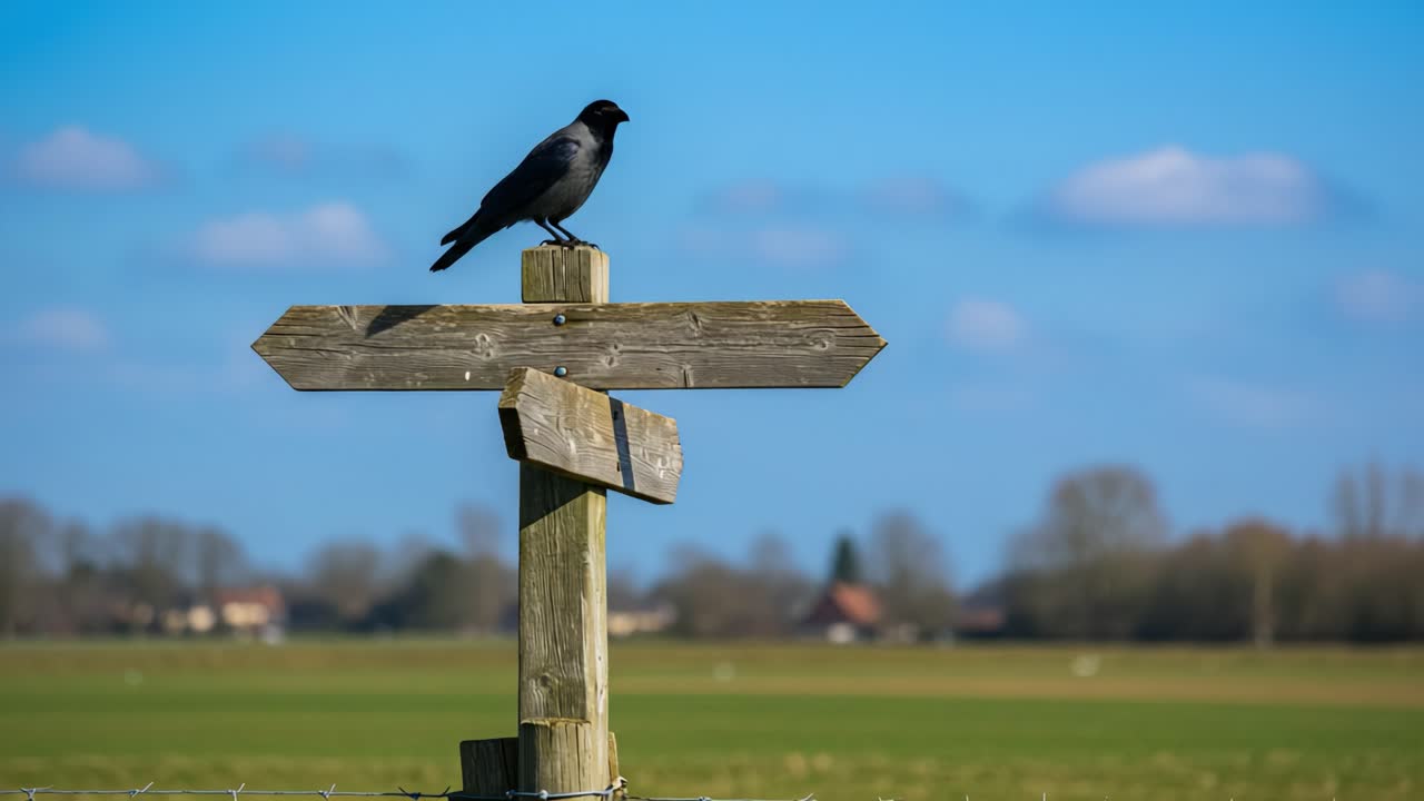 A solitary crow perched atop a wooden signpost, surveying the vast open field under a bright blue sky, exemplifying nature's serenity and wildlife in harmony