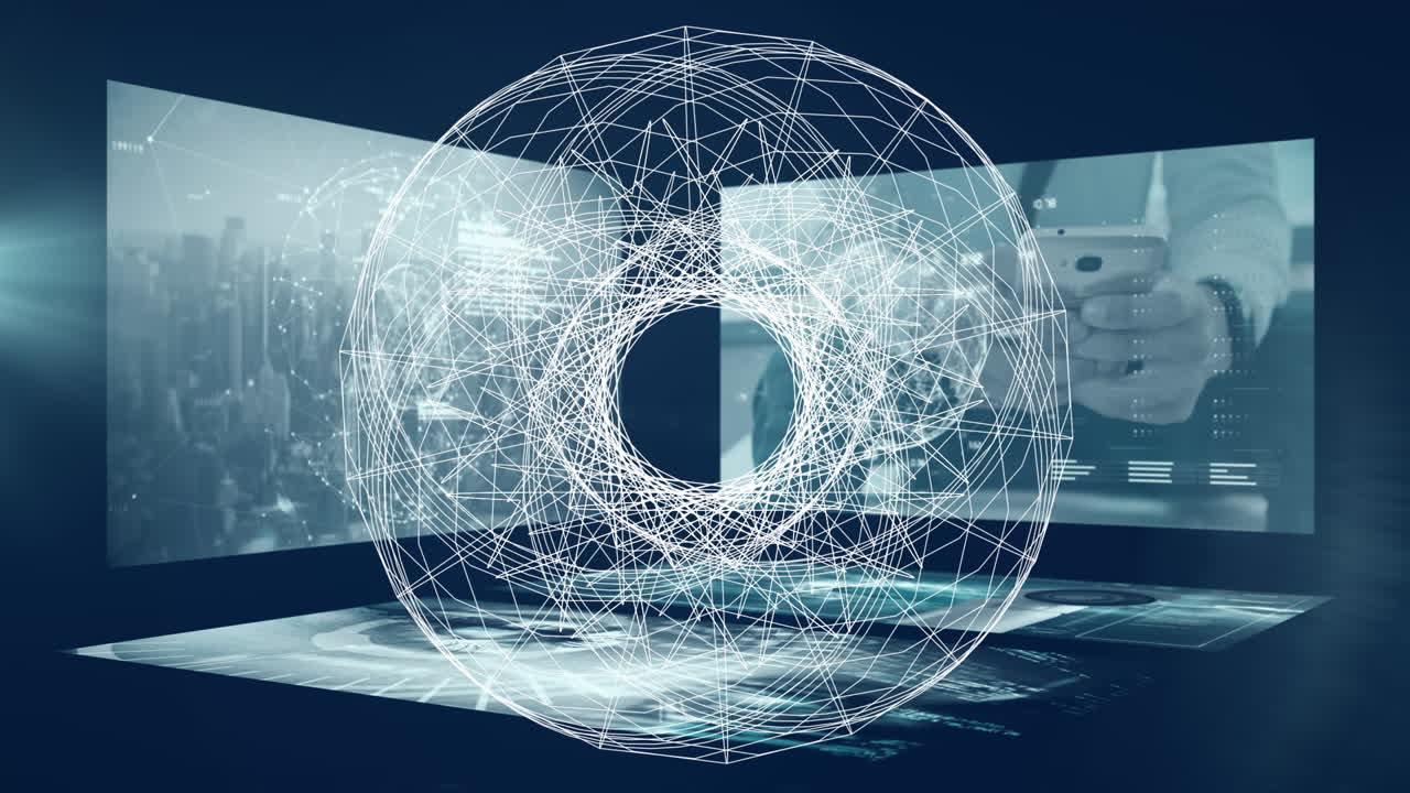 해군 배경의 화면에 다양한 과학 데이터에 대한 기하학적 모양의 애니메이션