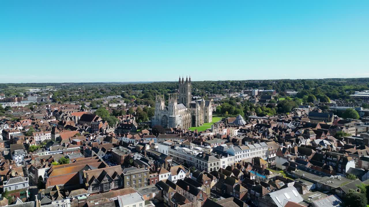 Receding aerial movement from the Canterbury cathedral and its beauty environment, Kent, England.