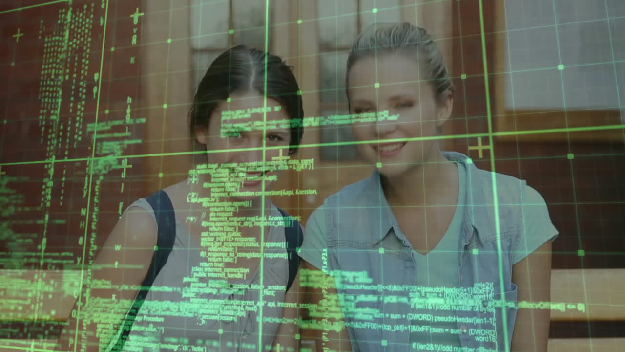 animación de procesamiento de datos sobre amigas caucásicas sonriendo