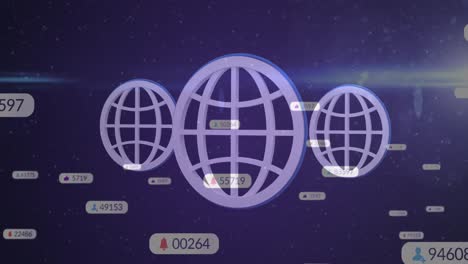 Animation-Von-Social-Media-Symbolen-Und-Zahlen-über-Drei-Violetten-Kugeln-Im-Hintergrund