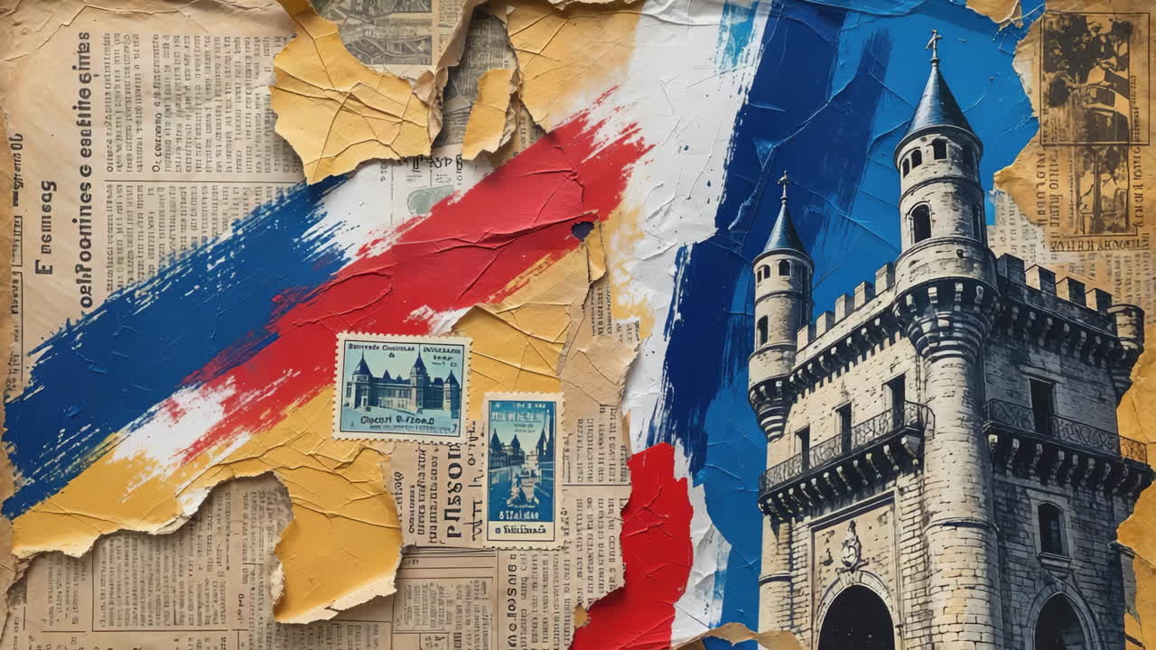 French Flag and Historic Castle Collage with Vintage Elements
