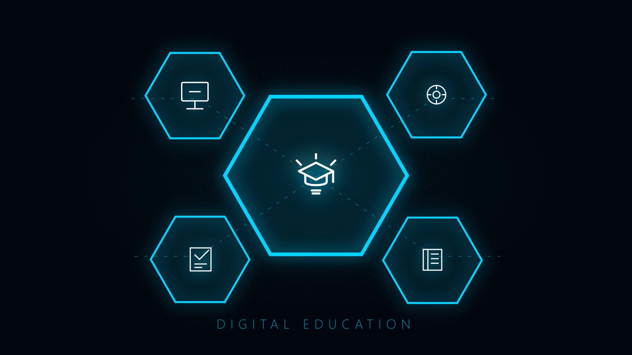 Digital Education Concept with Glowing Hexagonal Icons