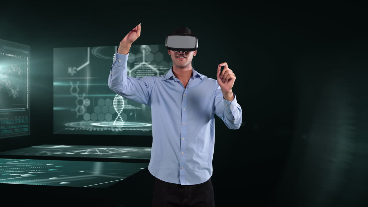 Animazione di un uomo d'affari che indossa un visore VR su schermi con elaborazione di dati medici.
