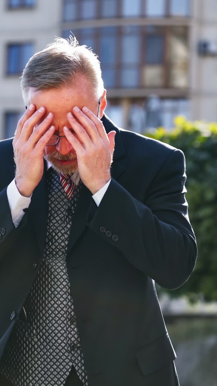 Mature businessman telling something on the camera outdoors. Portrait of a middle aged man in suit and tie talking in the street gesticulating a lot. Vertical video