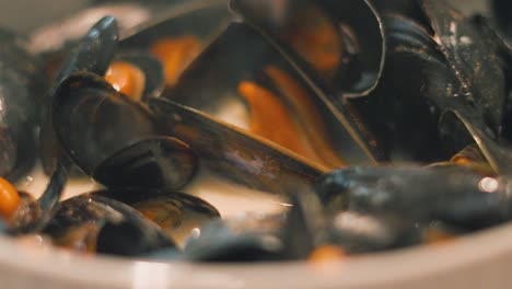 close up of cooked mussels in white wine sauce ready to be eaten with hands. delicious seafood healthy shellfish starter