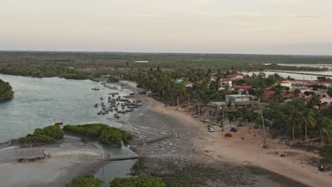 drone crane motion of stranded fishing boats by brazilian holiday resort