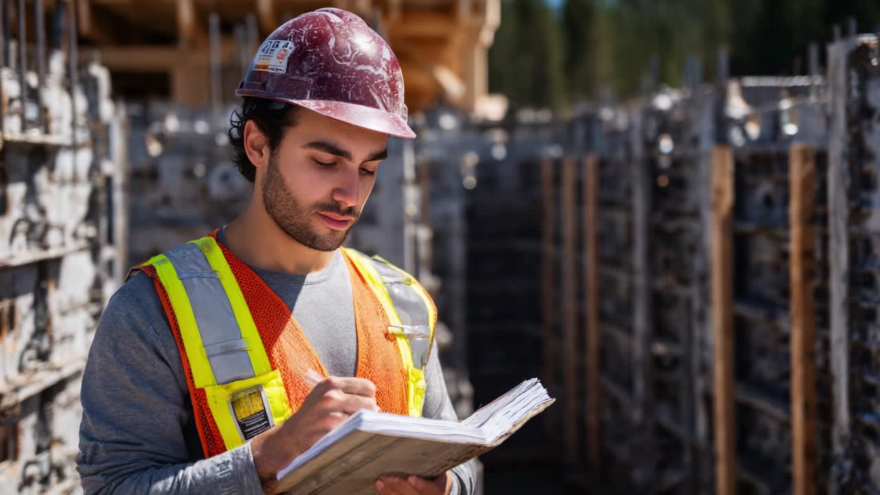 Focused Construction Worker Dedicating Time to Record Important Measurements and Notes on Job Site, Wearing Safety Gear and Hard Hat, Surrounded by Construction Materials and Equipment