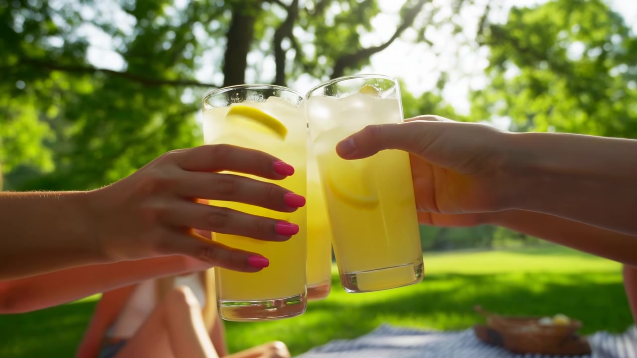 Mani a un picnic illuminato dal sole che tengono bicchieri di limonata, amici allegri che brindano su una coperta nel parco, luminoso.
