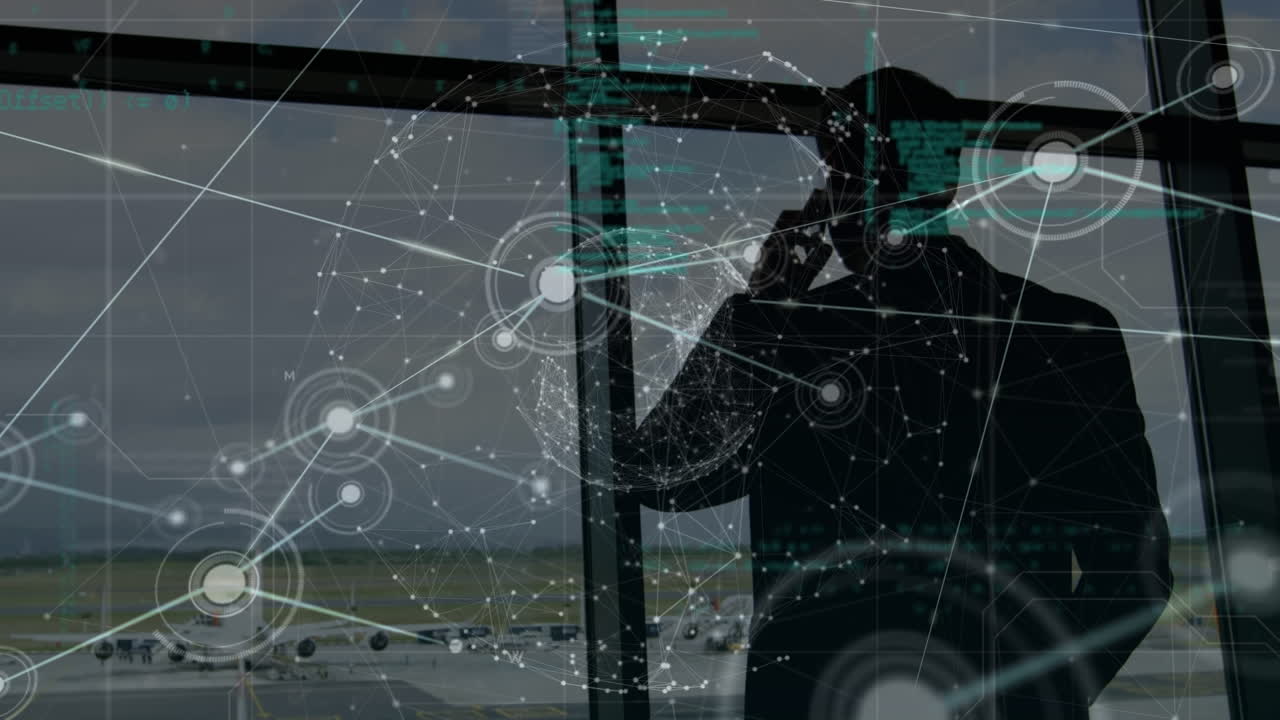 선, 지구, 텍스트를 연결하는 점의 애니메이션 실루 사업가 전화로 이야기