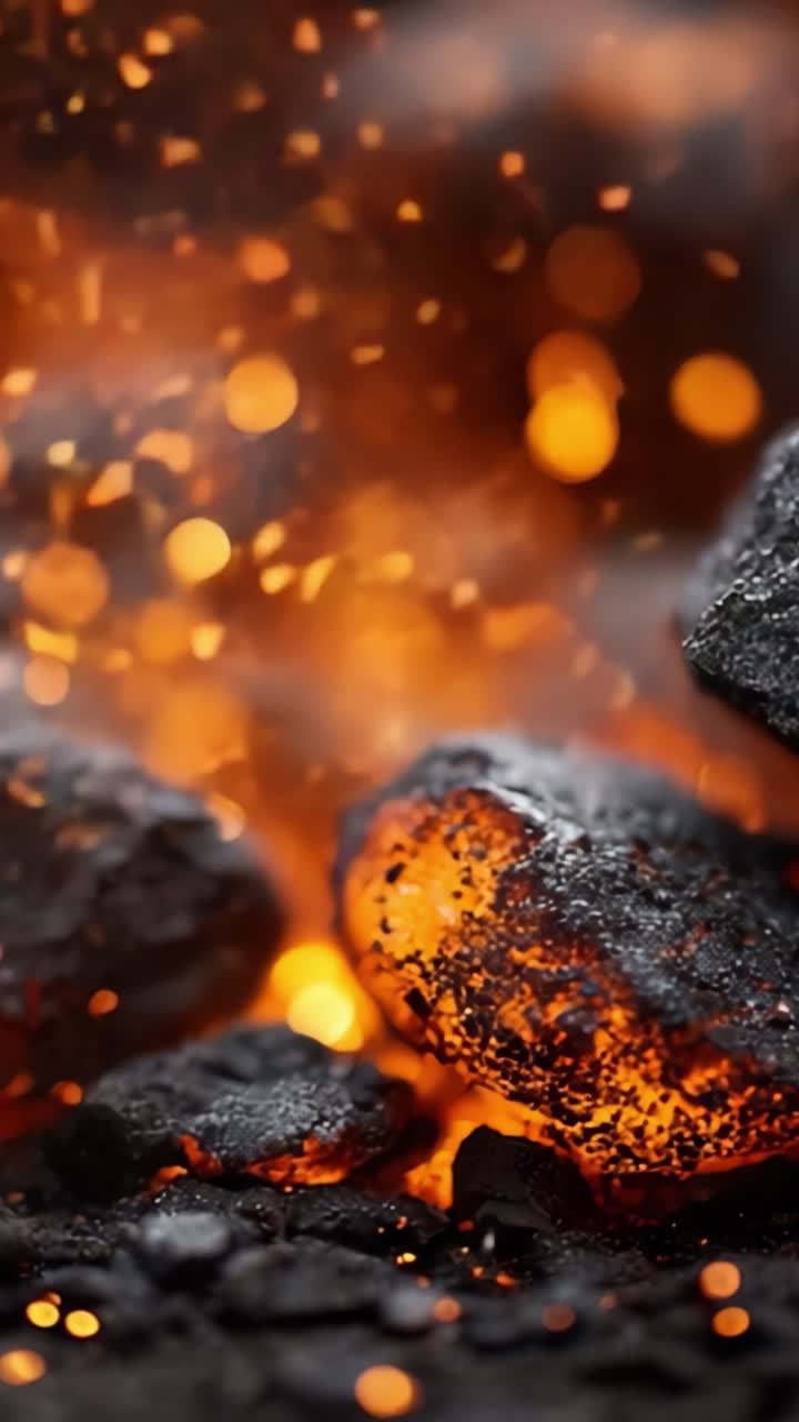 Un primo piano incandescente di braci di carbone con scintillanti bagliori di luce, che cattura il calore intenso e la danza delle fiamme su uno sfondo scuro.