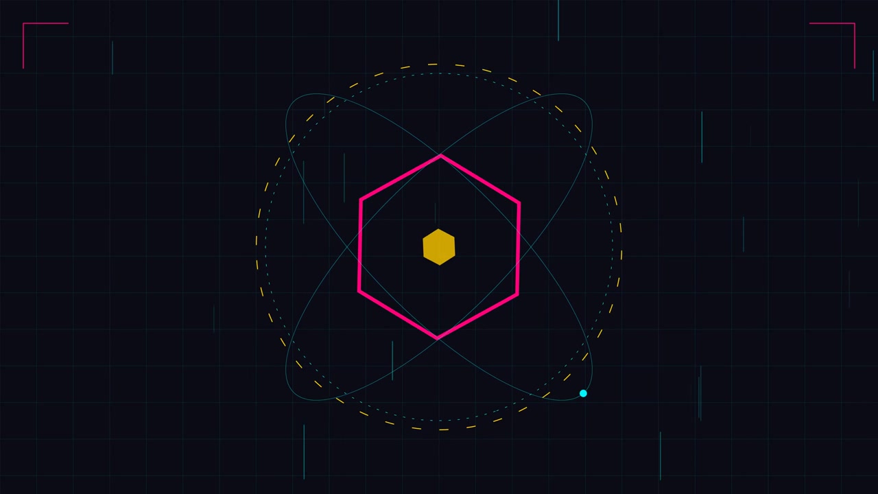Abstract Digital Animation of Rotating Geometric Shapes and Orbiting Particle