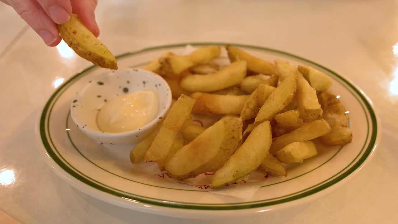 Una mano prende uno spicchio di patata croccante e lo intinge nella salsa aioli bianca.