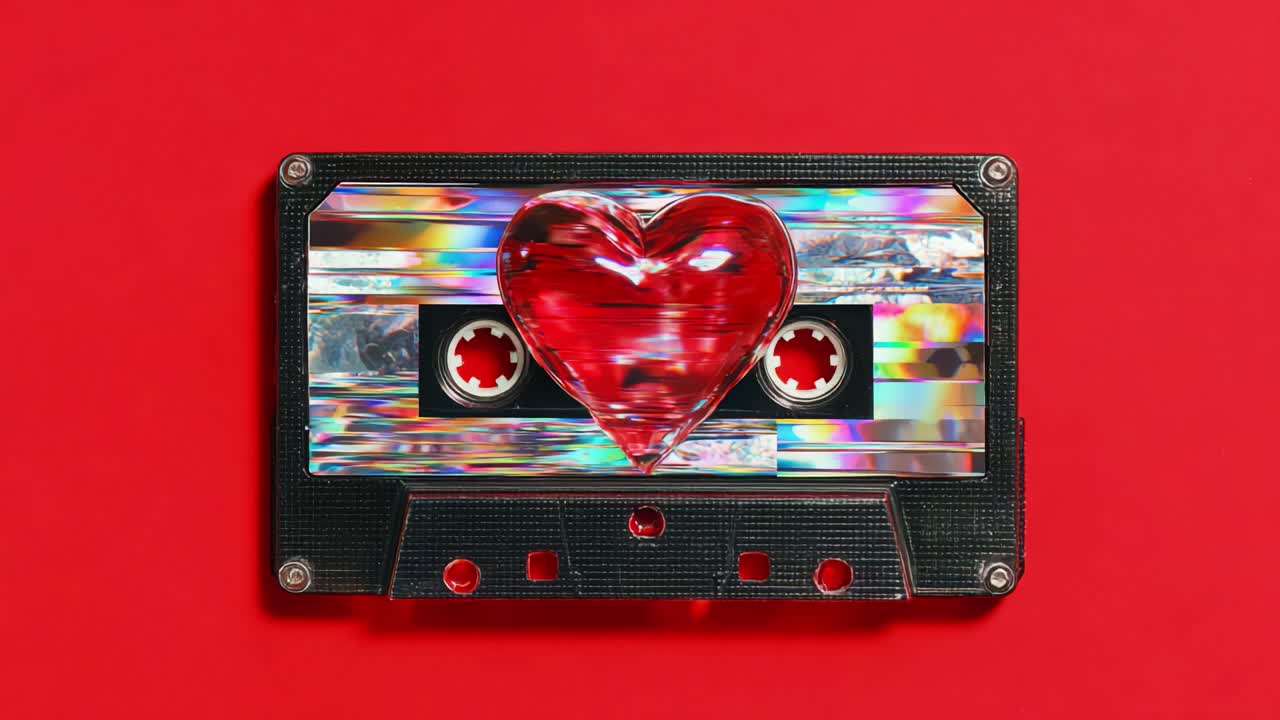 A vibrant cassette tape featuring a heart-shaped design on a brilliant red background, symbolizing love and nostalgia, blending classic music elements with modern aesthetics