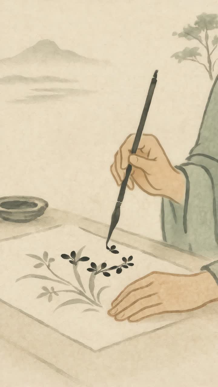 Elegant watercolor illustration of a hand painting with a brush, viewed from a top-down angle
