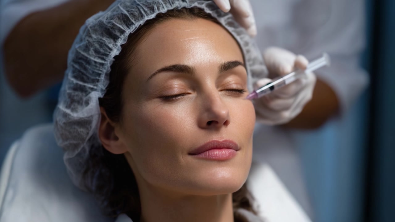 Una donna che riceve un trattamento viso, con focus sul processo di iniezione che esalta la bellezza, ringiovanisce la pelle e promuove un aspetto giovanile in un ambiente sereno.