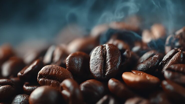A Captivating Close-up of Freshly Roasted Coffee Beans with Ethereal Steam Rising in the Air, Creating an Inviting and Aromatic Coffee Experience