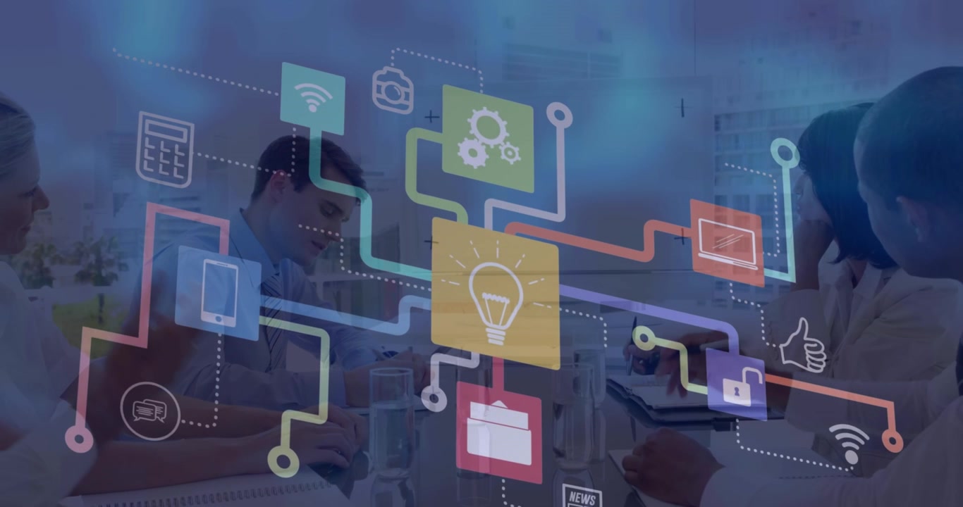 Animation of connections with icons and data processing over business people