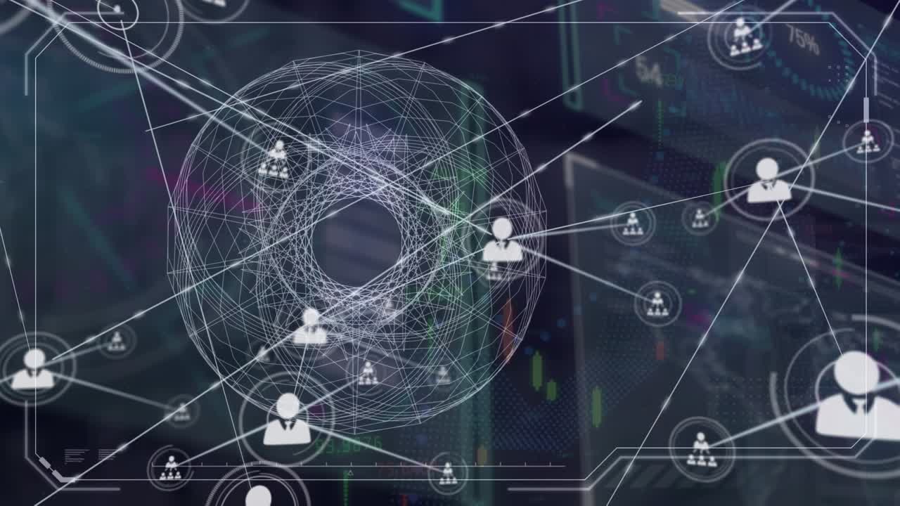 Animazione di una rete di connessioni con icone in sovrimpressione all'elaborazione dati su sfondo nero