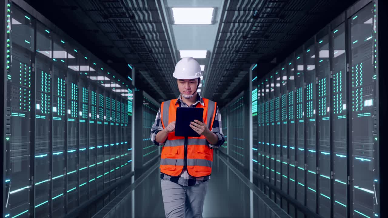Front View of Asian Male Engineer Use Tablet While Walking in Server Room Data Center