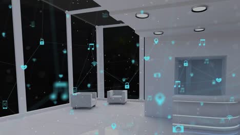 animation of network of glowing media icons floating over empty modern white room