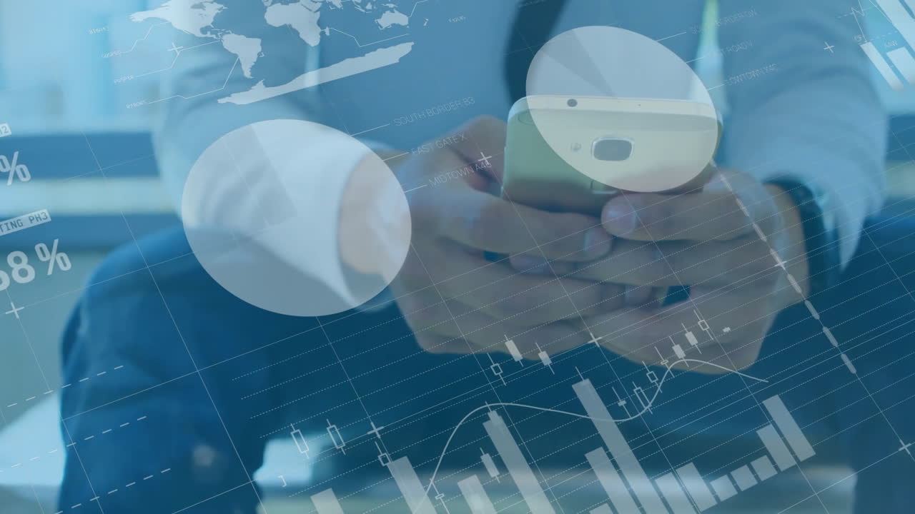 animazione dell'elaborazione dei dati finanziari su un uomo d'affari caucasico che utilizza uno smartphone