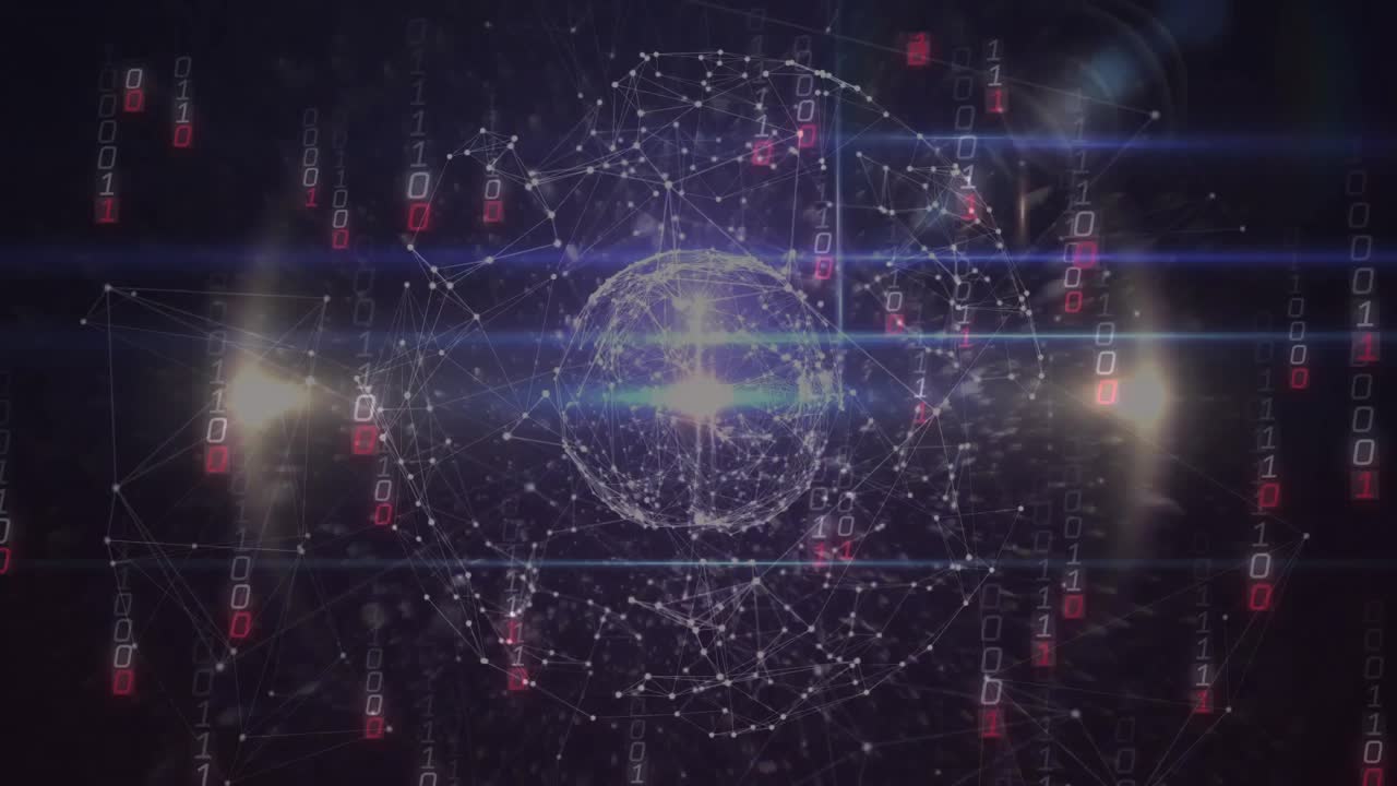 Upon launching glowing wireframe sphere emitting grid streaming binary blocks visualizing data flow