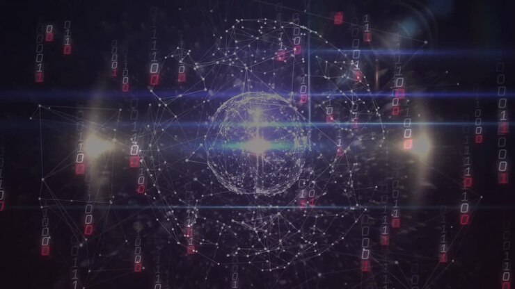 Upon launching glowing wireframe sphere emitting grid streaming binary blocks visualizing data flow