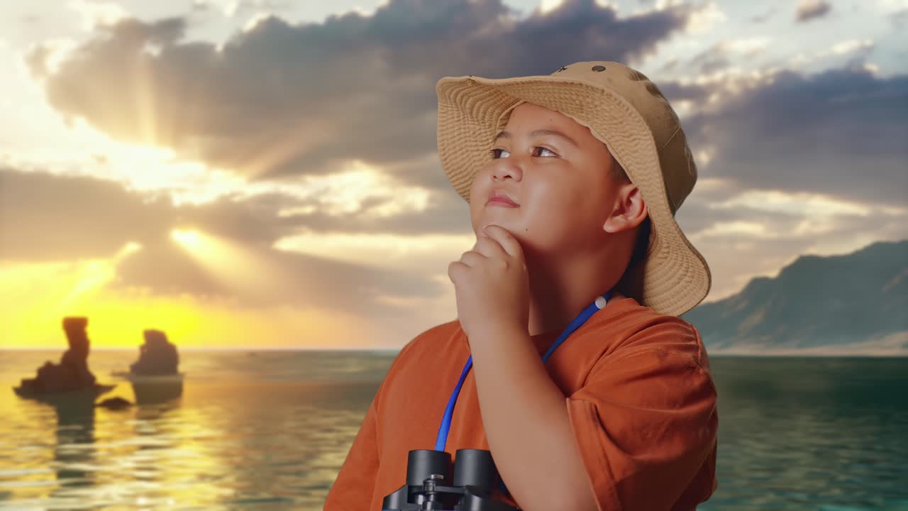 Asian Boy With A Hat And Binoculars Thinking About Something And Looking Around on Beach. Boy Researcher, Travel Tourism Adventure Concept, Close Up