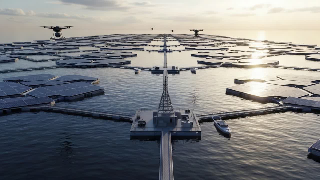 Aerial View of an Innovative Floating Eco-City with Solar Panels and Drones, Showcasing Sustainable Living Solutions on a Tranquil Water Surface