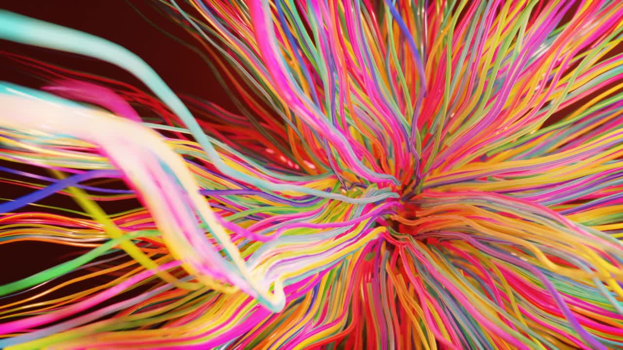 rizos vivos bajo el agua como pelaje, hilos o cabellos multicolores. efectos de niebla y dof bokeh. luces volumétricas. fondo misterioso con líneas curvas vivas, primer plano. 4k bucle sin costuras bg.