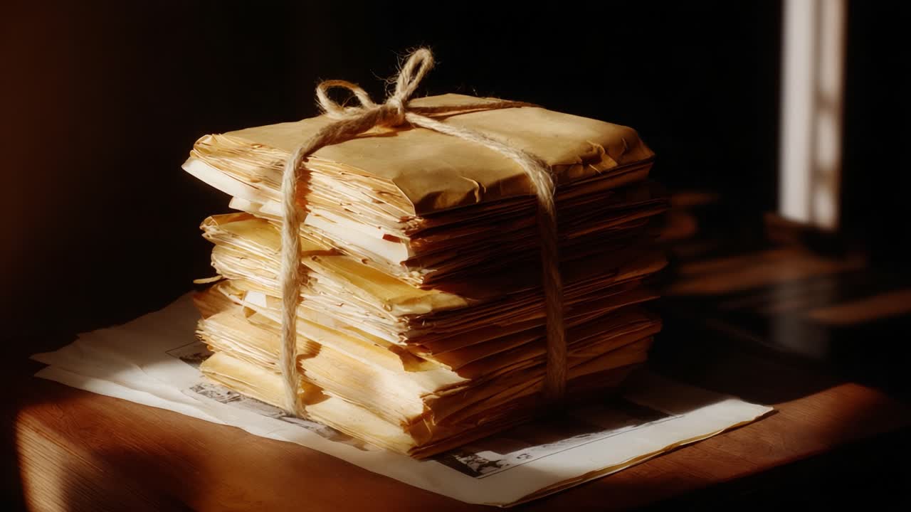 Rappresentazione estetica di pile di vecchi documenti legati con lo spago, che mette in risalto la texture e l'illuminazione calda in un ambiente accogliente