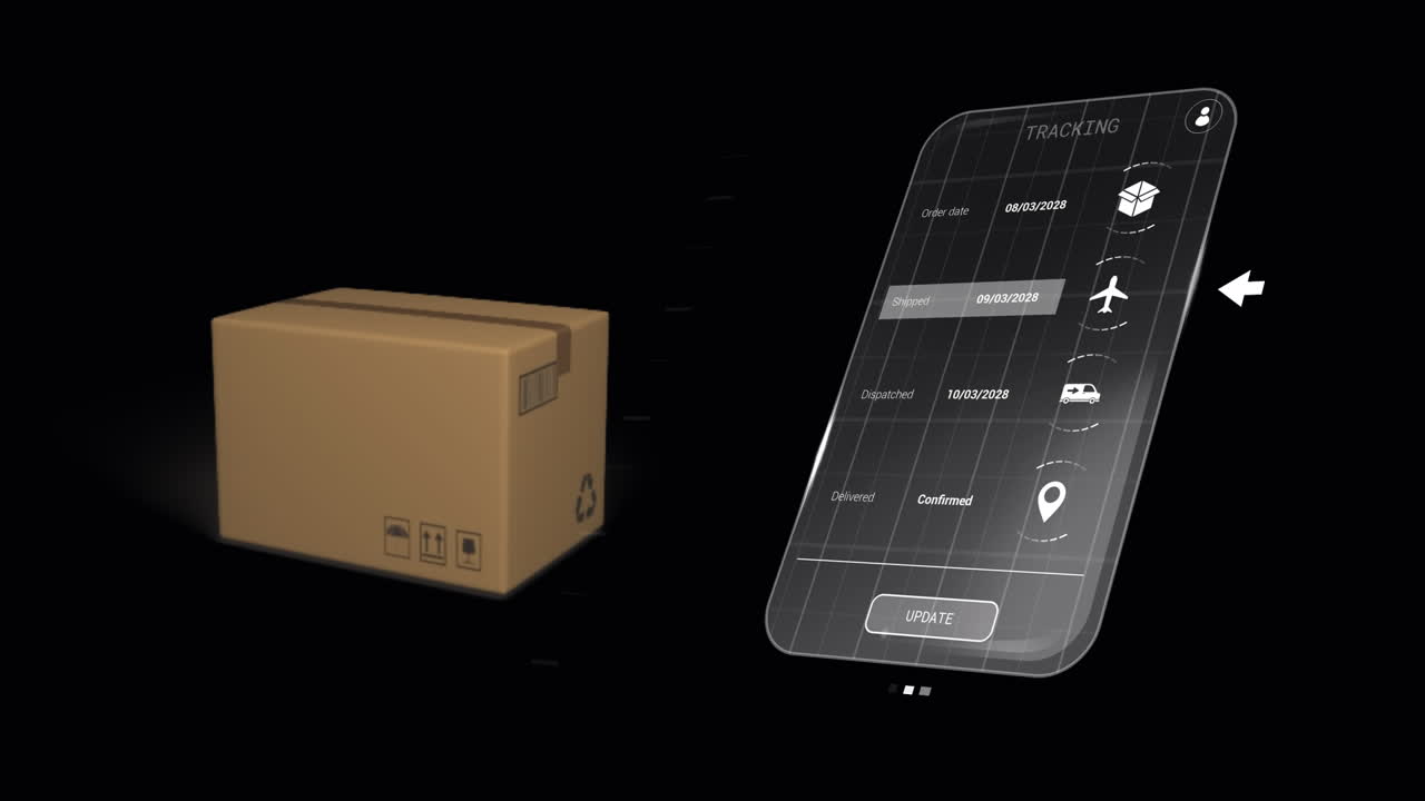 Animazione di interfaccia digitale con icone ed elaborazione dati e scatola su sfondo nero