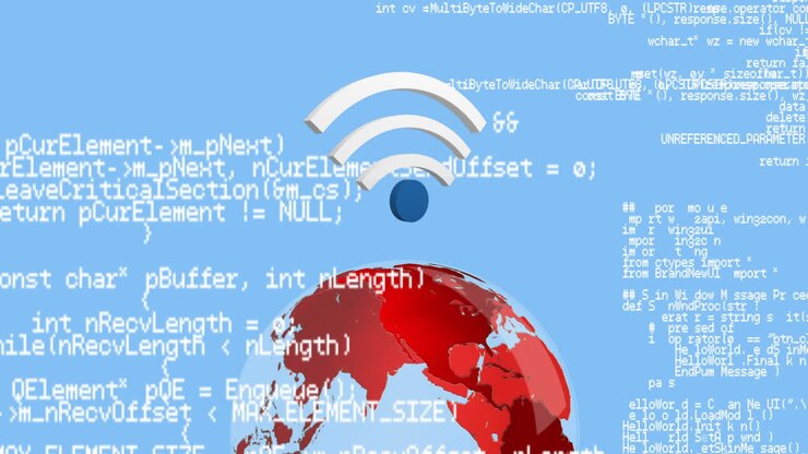 Programkoder og WiFi-symbol med en globus