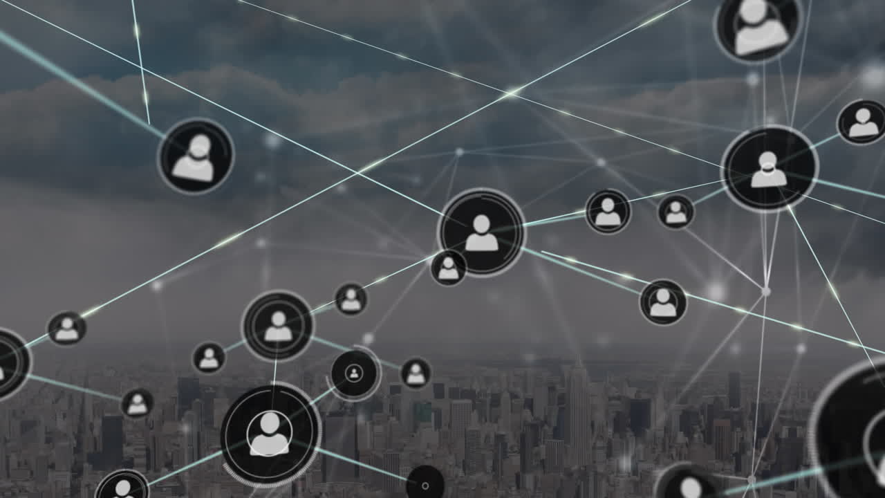 Animation showing connections between people and devices in a cloudy background