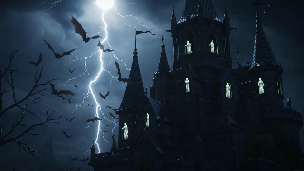 Un castello oscuro e misterioso sotto un temporale con fulmini, circondato da pipistrelli e figure inquietanti, che crea un'atmosfera di spettrale intrigo e paura soprannaturale