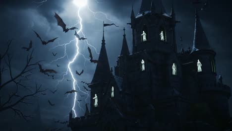a dark, mysterious castle under a lightning storm surrounded by bats and eerie figures, creating an atmosphere of spooky intrigue and supernatural fear