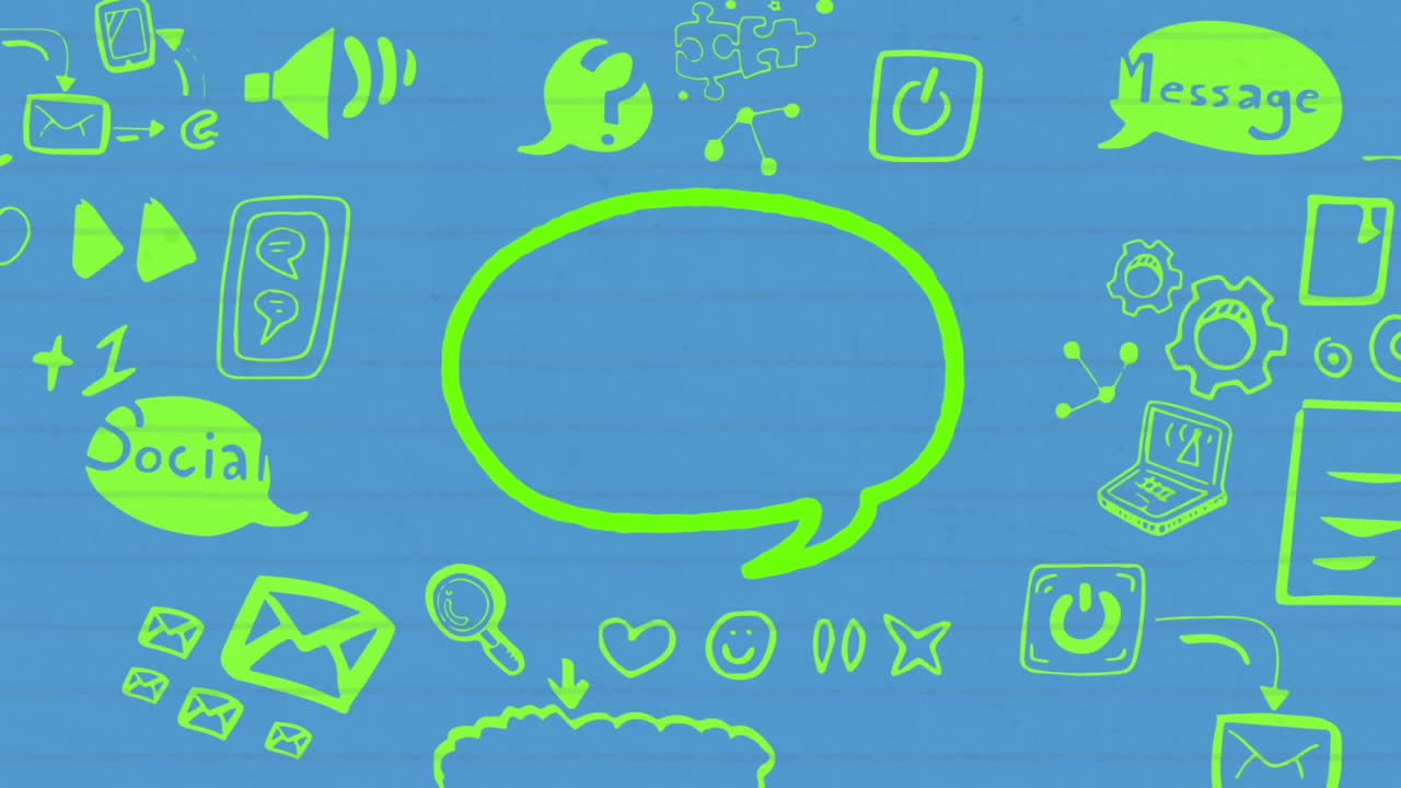 초록색으로 윤 ⁇ 된 음성 버블 채팅 메시지 아이콘의 애니메이션이 파란색 종이에 마커로 손으로 그려져 있습니다.