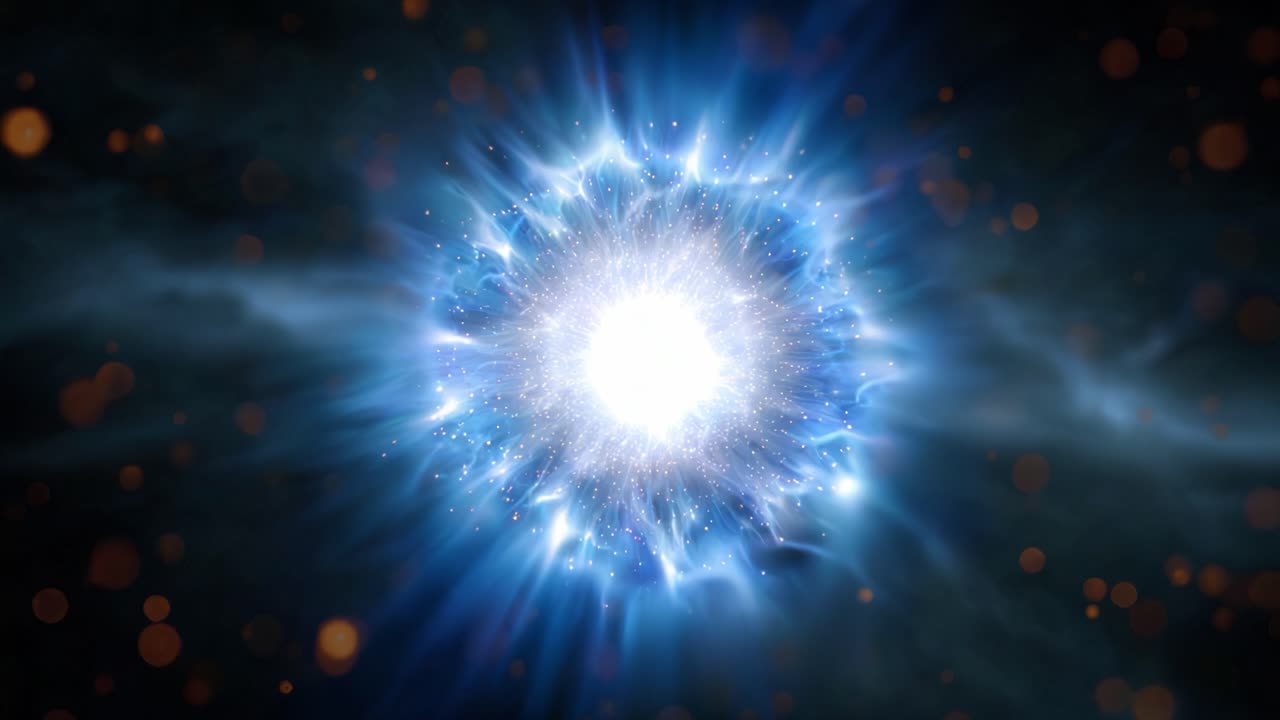 Una rappresentazione affascinante di un fenomeno cosmico in esplosione, che mostra la brillante interazione tra luce ed energia in una sfera celeste vivace e dinamica.