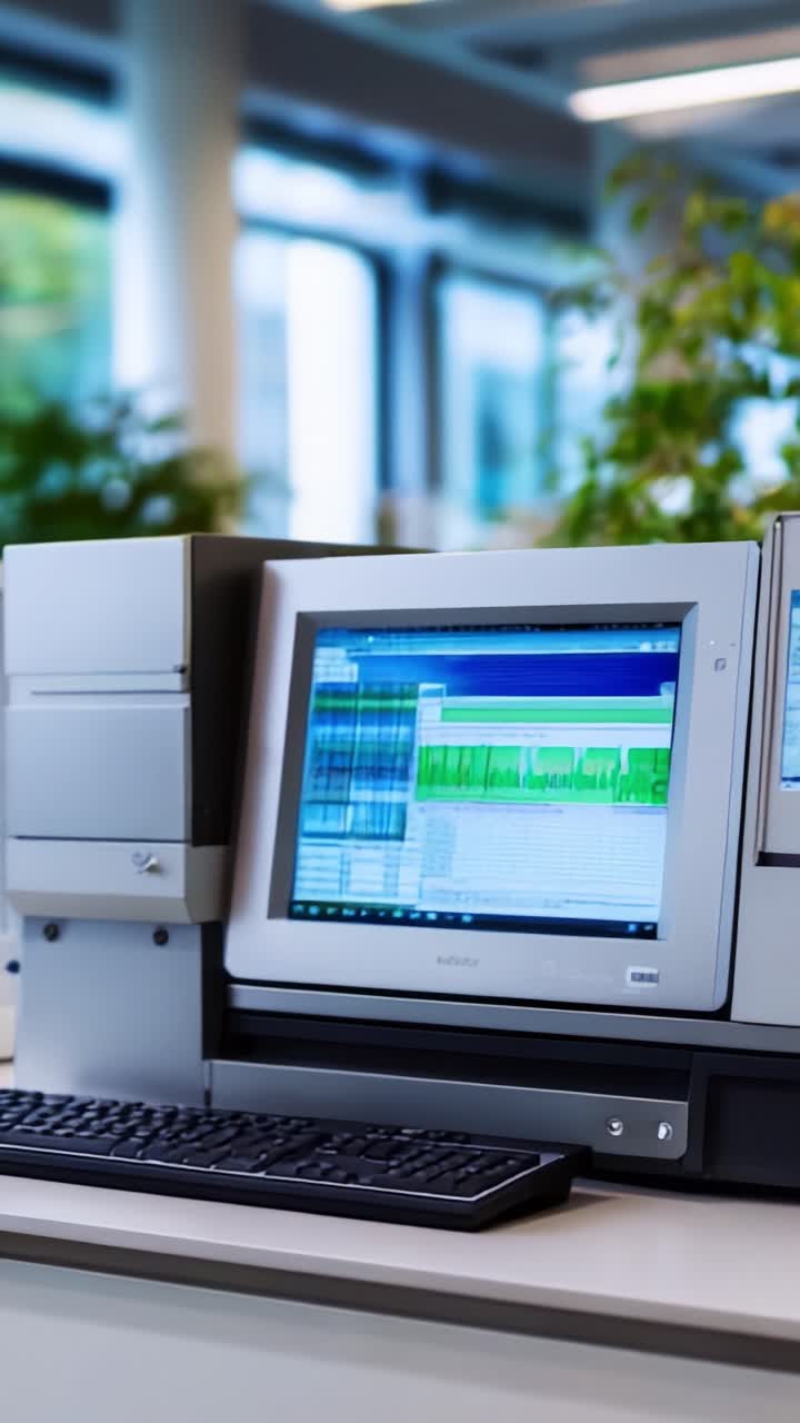 Stazione di analisi dati avanzata con monitor multipli che mostrano analisi complesse di forme d'onda su una moderna area di lavoro desktop con luce naturale e vegetazione