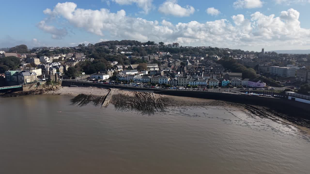 Drone shot of Clevedon Beach and Town, Somerset, England