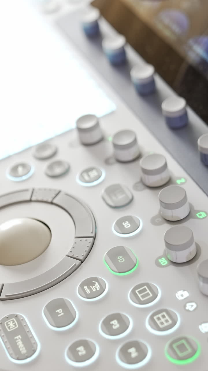 Hand of a female doctor moving by the keyboard on the ultrasound machine. Close up. Modern equipment at maternity hospital.