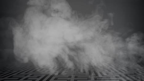 animatie van witte rookwolken over een doolhof
