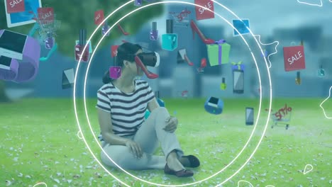 animación de artículos de venta sobre una mujer que usa auriculares vr