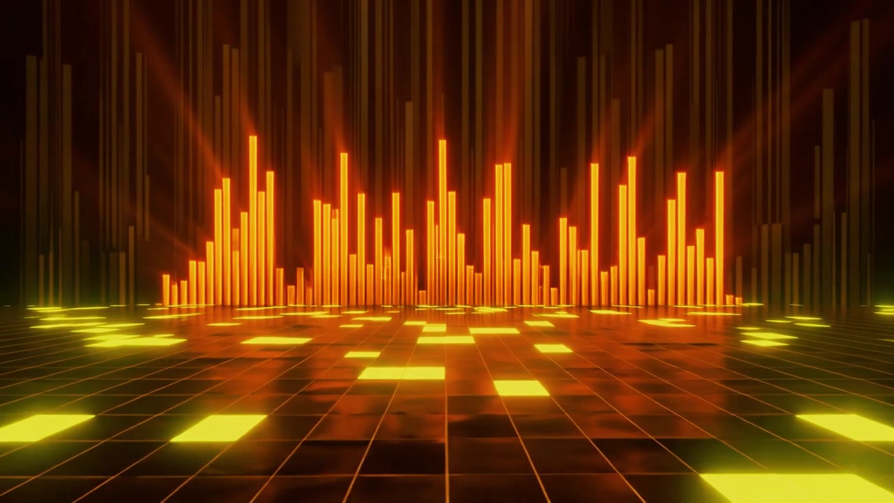 Abstract Digital Audio Visualizer with Glowing Orange Bars and Grid Floor