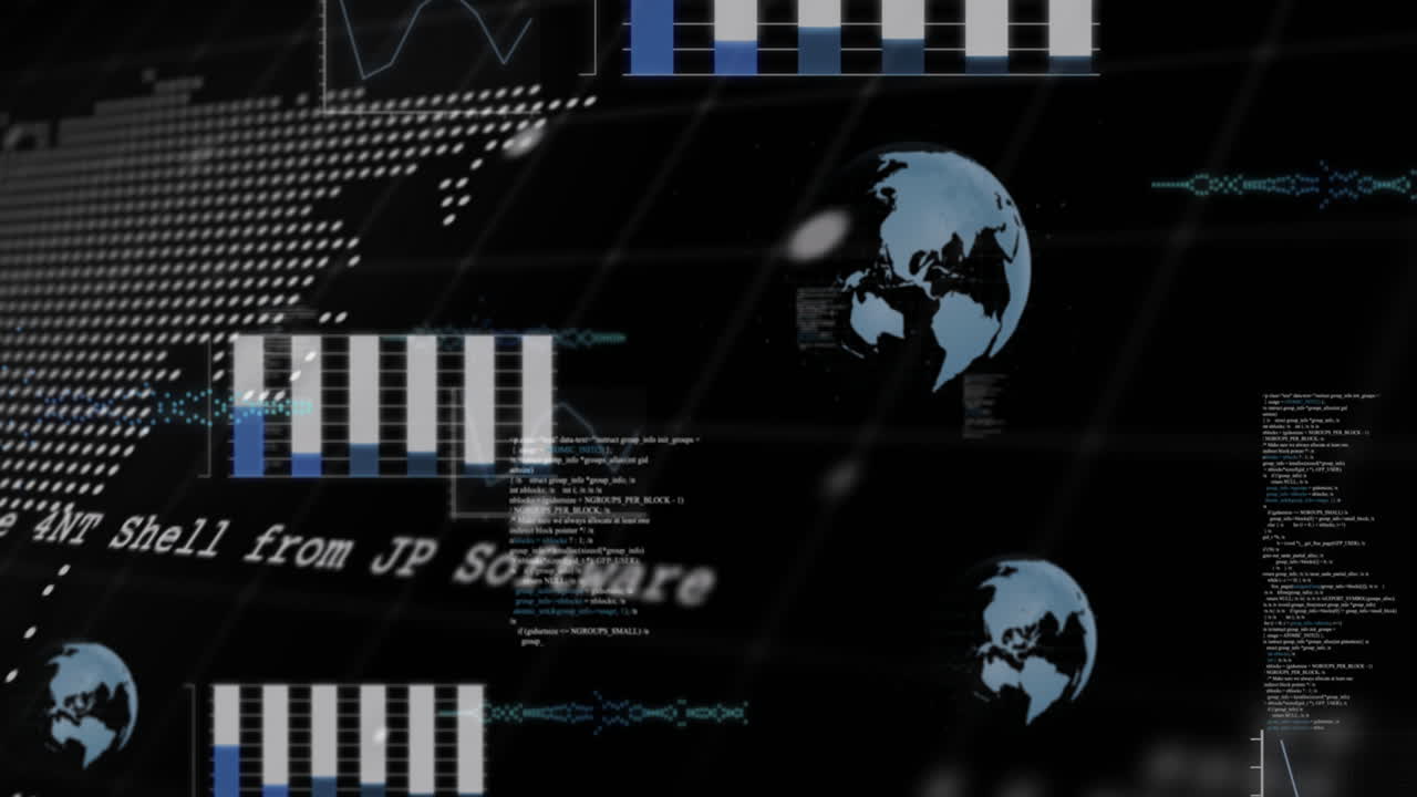 animación del procesamiento de datos con globo terrestre y mapa del mundo sobre fondo negro