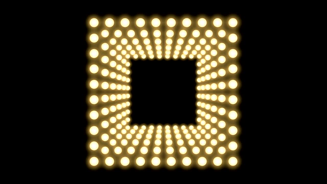 caja de bombilla incandescente de túnel marco forma cuadrada remolino girar patrón en movimiento, retro 3d estilo virtual ilustración brillo en fondo oscuro animación de bucle sin costuras 4k, con espacio de copia